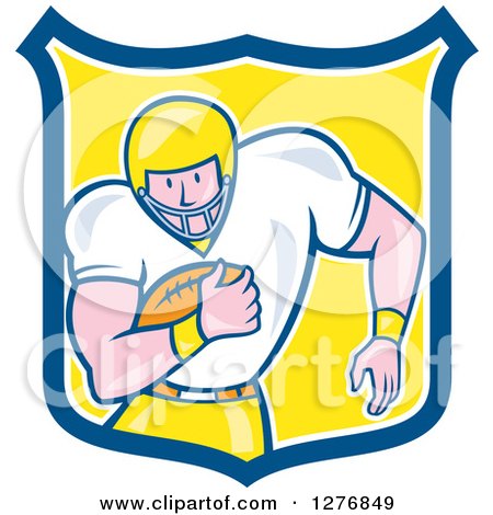 Clipart of a Cartoon Caucasian Male Football Player Fullback with a Ball in a Blue White and Yellow Shield - Royalty Free Vector Illustration by patrimonio