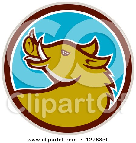 Clipart of a Cartoon Wild Razorback Boar Pig in a Taupe Brown White and Blue Circle - Royalty Free Vector Illustration by patrimonio
