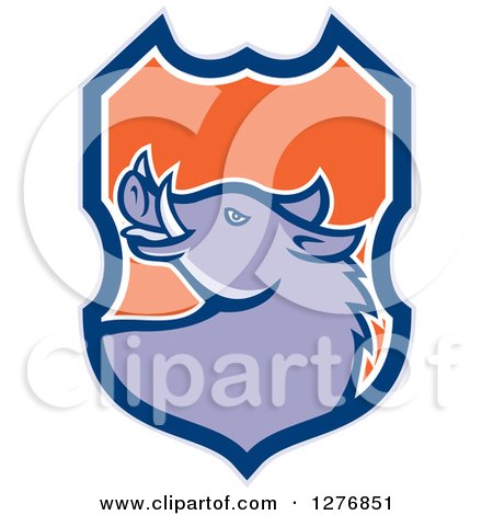 Clipart of a Cartoon Wild Razorback Boar Pig in a Gray Blue White and Orange Shield - Royalty Free Vector Illustration by patrimonio