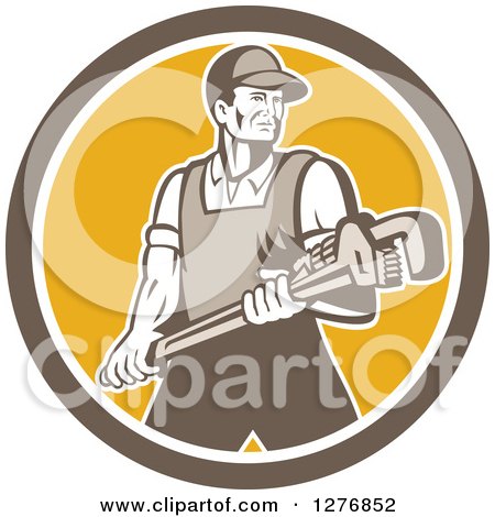 Clipart of a Retro Male Plumber Holding a Large Monkey Wrench in a Brown White and Yellow Circle - Royalty Free Vector Illustration by patrimonio
