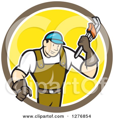 Clipart of a Retro Cartoon Male Plumber Holding a Monkey Wrench in a Brown White and Yellow Circle - Royalty Free Vector Illustration by patrimonio