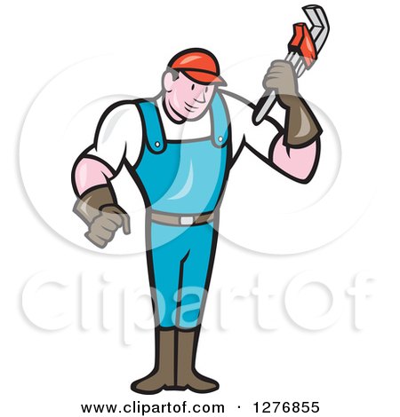 Clipart of a Full Length Retro Cartoon Male Plumber Holding a Monkey Wrench - Royalty Free Vector Illustration by patrimonio