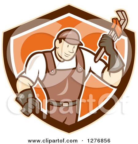 Clipart of a Retro Cartoon Male Plumber Holding a Monkey Wrench in a Tan Brown White and Orange Shield - Royalty Free Vector Illustration by patrimonio