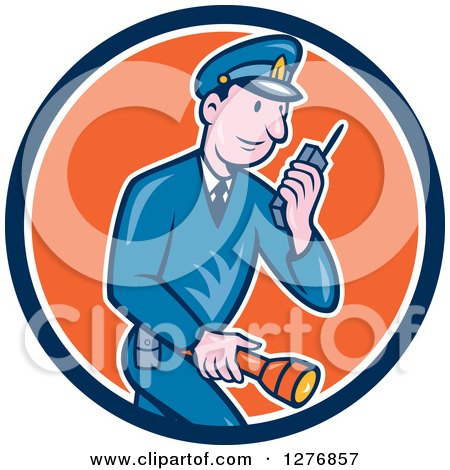 Clipart of a Retro Cartoon Police Man Talking on a Walkie Talkie and Holding a Flashlight in a Blue White and Orange Circle - Royalty Free Vector Illustration by patrimonio