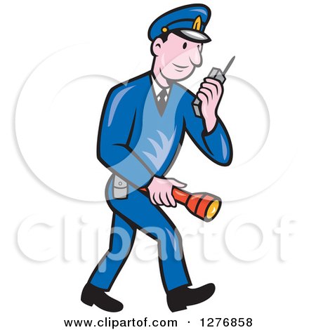 Clipart of a Retro Full Length Cartoon Police Man Talking on a Walkie Talkie and Holding a Flashlight - Royalty Free Vector Illustration by patrimonio