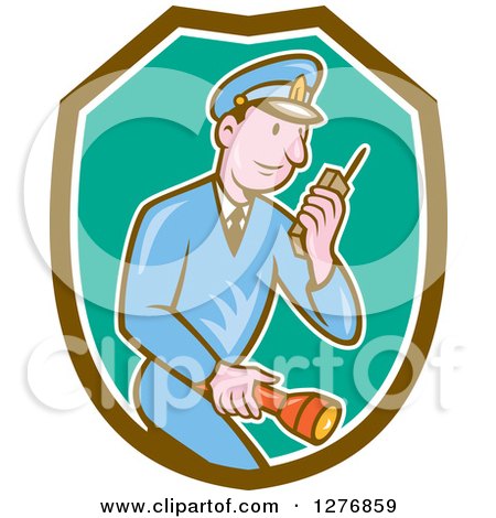 Clipart of a Retro Cartoon Police Man Talking on a Walkie Talkie and Holding a Flashlight in a Brown White and Turquoise Shield - Royalty Free Vector Illustration by patrimonio