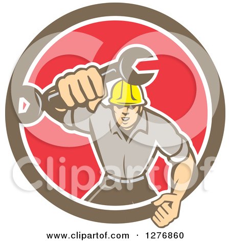 Clipart of a Retro Mechanic Man Running and Holding a Giant Spanner Wrench in a Bown White and Red Circle - Royalty Free Vector Illustration by patrimonio