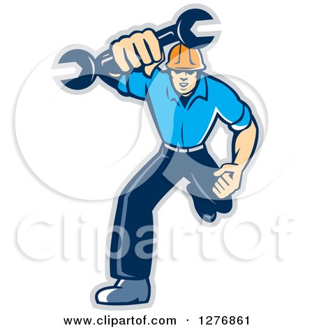 Clipart of a Retro Full Length Mechanic Man Running and Holding a Giant Spanner Wrench, with a Gray Outline - Royalty Free Vector Illustration by patrimonio