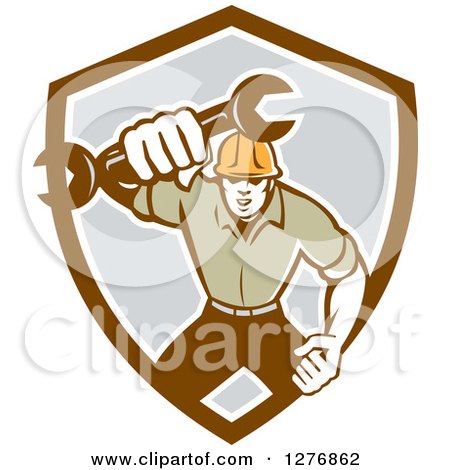 Clipart of a Retro Mechanic Man Running and Holding a Giant Spanner Wrench in a Brown White and Gray Shield - Royalty Free Vector Illustration by patrimonio