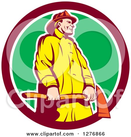 Clipart of a Retro Fireman Holding an Axe in a Maroon White and Green Circle - Royalty Free Vector Illustration by patrimonio
