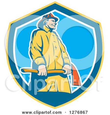 Clipart of a Retro Fireman Holding an Axe in a Yellow Blue and White Shield - Royalty Free Vector Illustration by patrimonio
