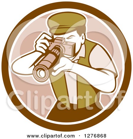 Clipart of a Retro Male Photographer Taking Pictures in a Brown and White Circle - Royalty Free Vector Illustration by patrimonio