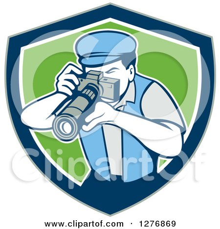 Clipart of a Retro Male Photographer Taking Pictures in a Gray Blue White and Green Shield - Royalty Free Vector Illustration by patrimonio