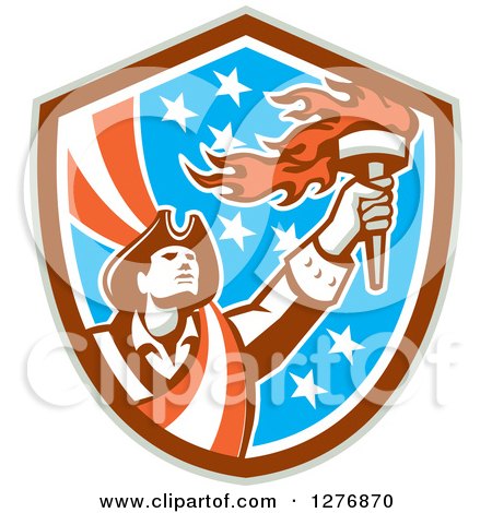 Clipart of a Retro Male American Patriot with a Torch in a Patriotic Shield - Royalty Free Vector Illustration by patrimonio