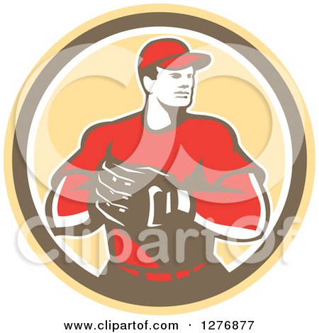 Clipart of a Retro Male Baseball Catcher with His Hand in His Glove in a Yellow Brown and White Circle - Royalty Free Vector Illustration by patrimonio