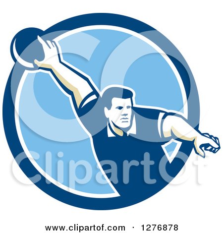 Clipart of a Retro Male Bowler Pointing His Finger and Holding a Ball in a Blue and White Circle - Royalty Free Vector Illustration by patrimonio