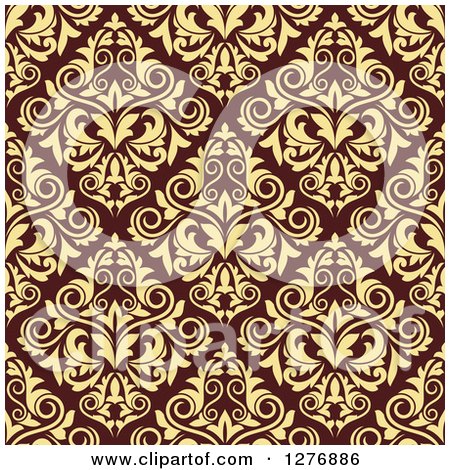 Clipart of a Seamless Patterned Background of Yellow Floral Damask on Brown - Royalty Free Vector Illustration by Vector Tradition SM