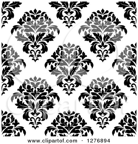 Clipart of a Seamless Patterned Background of Black Floral Damask on White - Royalty Free Vector Illustration by Vector Tradition SM
