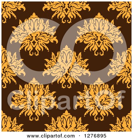 Clipart of a Seamless Patterned Background of Orange Floral Damask on Brown - Royalty Free Vector Illustration by Vector Tradition SM