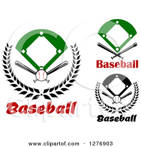 Clipart of Baseball Diamond Fields with Crossed Bats, Balls and Text - Royalty Free Vector Illustration by Vector Tradition SM