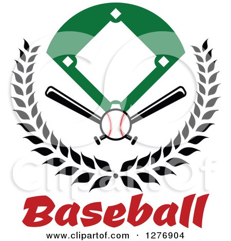 Clipart of a Baseball Diamond Field with a Ball and Crossed Bats in a Wreath over Red Text - Royalty Free Vector Illustration by Vector Tradition SM