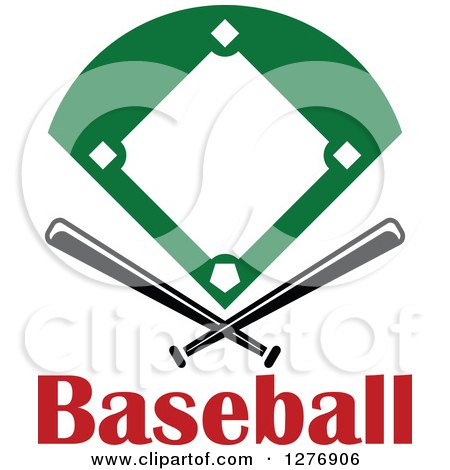 Clipart of a Baseball Diamond Field with Crossed Bats over Red Text - Royalty Free Vector Illustration by Vector Tradition SM