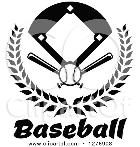 Clipart of a Black and White Baseball Diamond Field with a Ball and Crossed Bats in a Wreath over Text - Royalty Free Vector Illustration by Vector Tradition SM