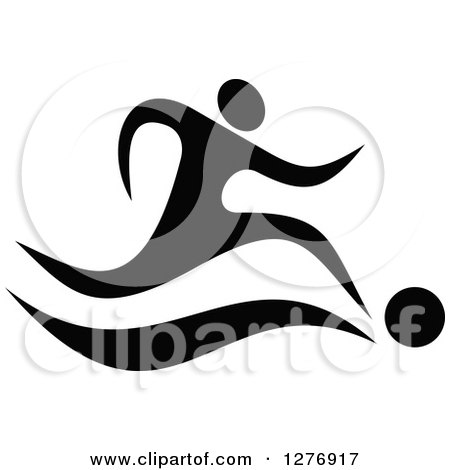 Clipart of a Black and White Soccer Player Running and Kicking - Royalty Free Vector Illustration by Vector Tradition SM