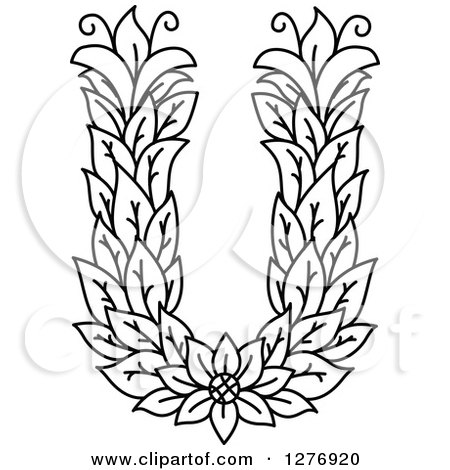 Clipart of a Black and White Floral Capital Letter U with a Flower - Royalty Free Vector Illustration by Vector Tradition SM