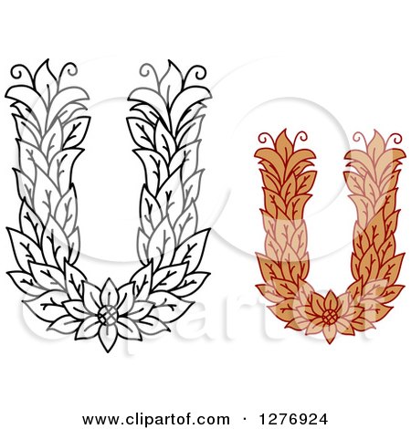 Clipart of Black and White and Colored Floral Capital Letter U Designs - Royalty Free Vector Illustration by Vector Tradition SM