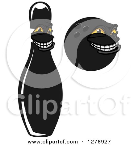 Clipart of Grinning Black Bowling Pin and Ball Characters - Royalty Free Vector Illustration by Vector Tradition SM