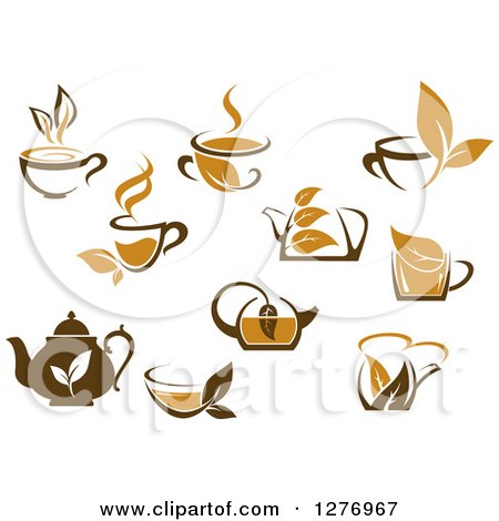 Clipart of Leafy Brown Tea Cups and Kettles 4 - Royalty Free Vector Illustration by Vector Tradition SM