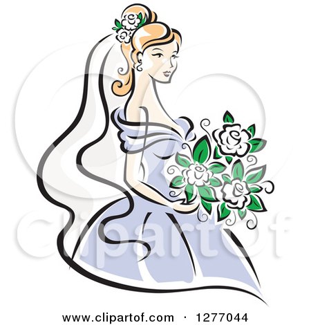 Clipart of a Blond Bride in a Periwinkle Dress, with White Flowers - Royalty Free Vector Illustration by Vector Tradition SM