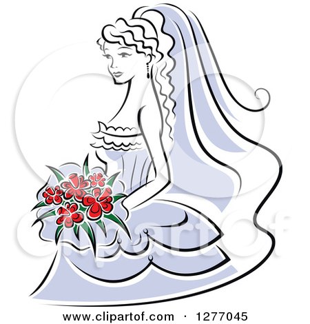 Clipart of a Black and White Bride in a Periwinkle Dress, with Red Flowers - Royalty Free Vector Illustration by Vector Tradition SM