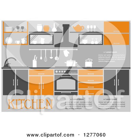 Clipart of an Orange and Gray Kitchen Interior with Text - Royalty Free Vector Illustration by Vector Tradition SM