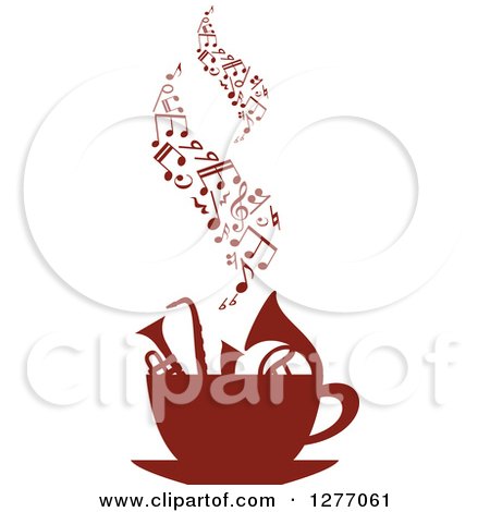 Clipart of a Brown Silhouetted Cup of Musical Instruments and Notes - Royalty Free Vector Illustration by Vector Tradition SM