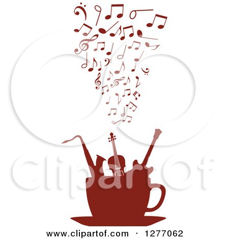 Clipart of a Brown Silhouetted Cup of Musical Instruments and Notes 2 - Royalty Free Vector Illustration by Vector Tradition SM