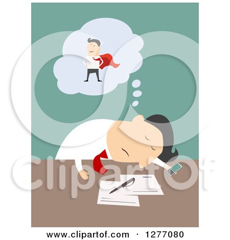 Clipart of a Businessman Dreaming of Being a Super Hero at His Desk - Royalty Free Vector Illustration by Vector Tradition SM