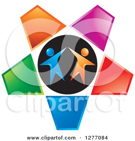 Clipart of a Cheering or Dancing Blue and Orange Couple in a Colorful Star - Royalty Free Vector Illustration by Lal Perera