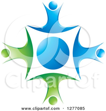 Clipart of a Blue Circle with People Dancing or Jumping Around It - Royalty Free Vector Illustration by Lal Perera