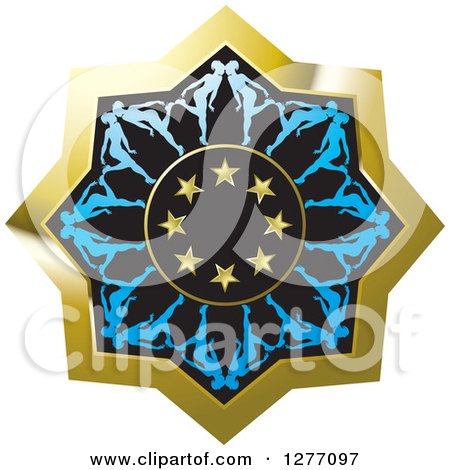Clipart of a Gold Black and Blue Icon with Kissing People and Stars - Royalty Free Vector Illustration by Lal Perera
