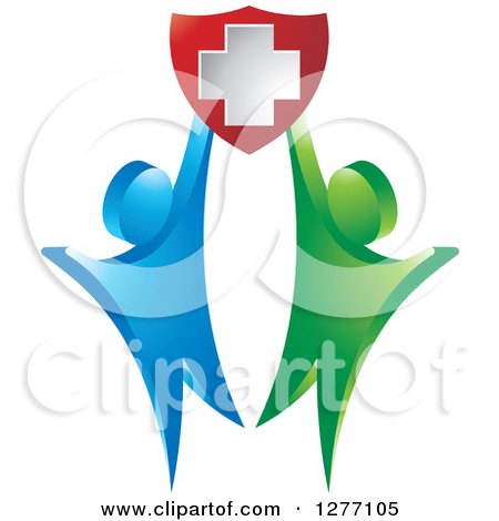 Clipart of a Blue and Green Couple Holding up a Medical Cross Shield - Royalty Free Vector Illustration by Lal Perera