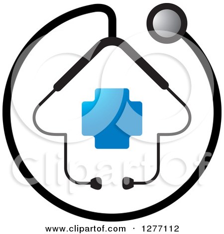 Clipart of a Stethoscope Encircling a House with a Blue Cross - Royalty Free Vector Illustration by Lal Perera