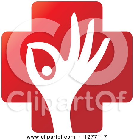 Clipart of a White Silhouetted Hand and Pill in a Red Cross - Royalty Free Vector Illustration by Lal Perera