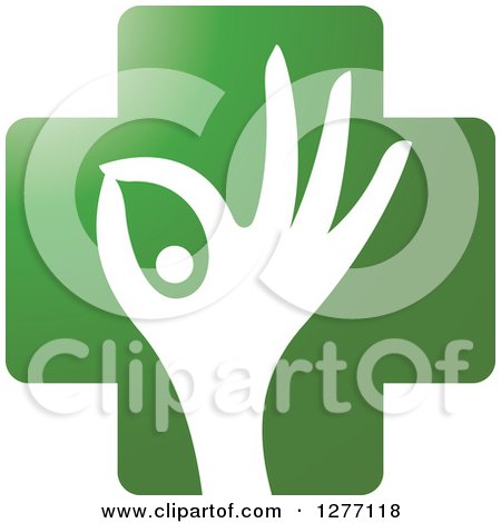 Clipart of a White Silhouetted Hand and Pill in a Green Cross - Royalty Free Vector Illustration by Lal Perera