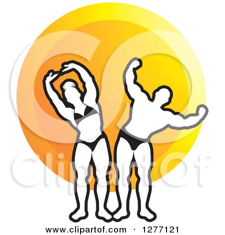 Clipart of a Black and White Stretching and Flexing Female and Male Bodybuilders over an Orange Circle - Royalty Free Vector Illustration by Lal Perera