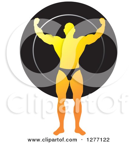 Clipart of a Gradient Yellow Flexing Male Bodybuilder over a Black Circle - Royalty Free Vector Illustration by Lal Perera
