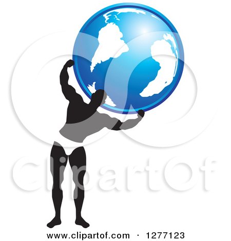 Clipart of a Black and White Male Bodybuilder Holding up a Globe - Royalty Free Vector Illustration by Lal Perera