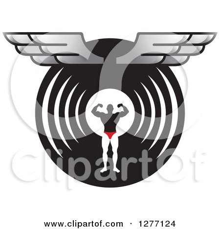 Clipart of a Flexing Male Bodybuilder over a Black and Circle with Wings - Royalty Free Vector Illustration by Lal Perera