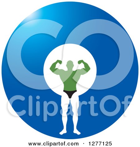 Clipart of a Flexing Green White and Black Male Bodybuilder over a Blue Circle - Royalty Free Vector Illustration by Lal Perera